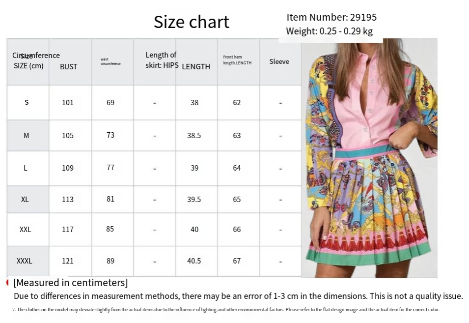 European and American women's spring new printed long sleeved shirt pleated skirt set two-piece set