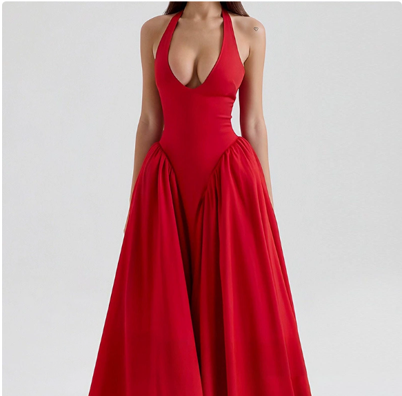European and American women's spring new style elegant V-neck hanging neck sexy dress