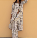 Spring new women's clothing European and American casual printed long sleeved shirt wide leg pants fashionable set