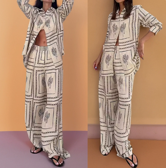 Spring new women's clothing European and American casual printed long sleeved shirt wide leg pants fashionable set
