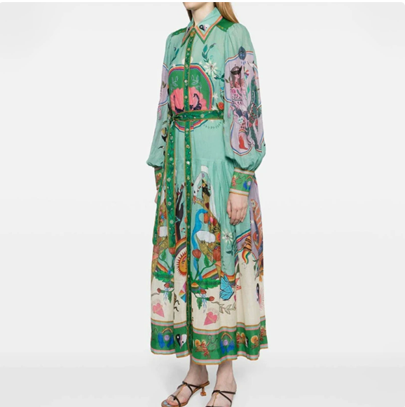 European and American Women's Spring New Graffiti Printed Collar Lantern Sleeve Waist Dress