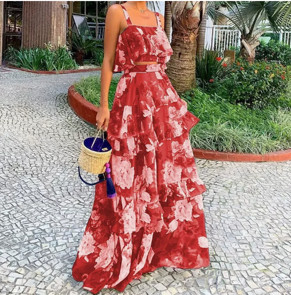 European and American women's spring new vacation style printed camisole top, half body long skirt set