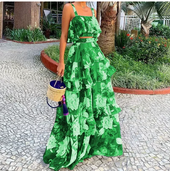 European and American women's spring new vacation style printed camisole top, half body long skirt set