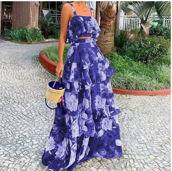 European and American women's spring new vacation style printed camisole top, half body long skirt set