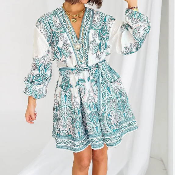 European and American women's spring new retro style printed lantern sleeve V-neck lace up dress