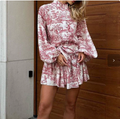 European and American women's spring new style palace style printed stand collar lace lantern sleeve dress