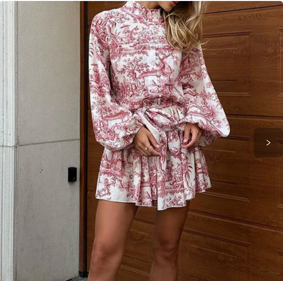 European and American women's spring new style palace style printed stand collar lace lantern sleeve dress