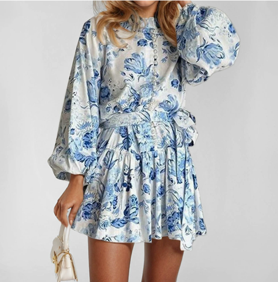 European and American women's spring new style palace style printed stand collar lace lantern sleeve dress