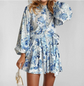 European and American women's spring new style palace style printed stand collar lace lantern sleeve dress