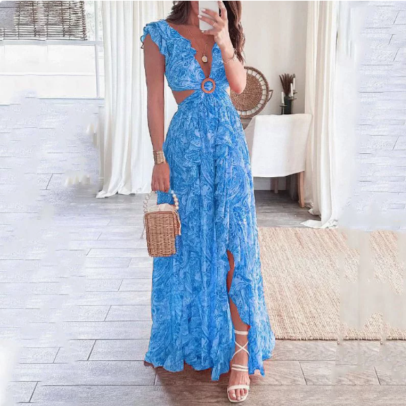 2026 Spring New Women's Clothing Cross-Border European and American Foreign Trade Fashion Printed V-Neck Ruffled Slit Dress