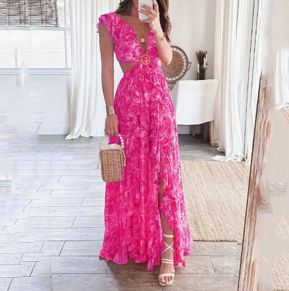 2026 Spring New Women's Clothing Cross-Border European and American Foreign Trade Fashion Printed V-Neck Ruffled Slit Dress