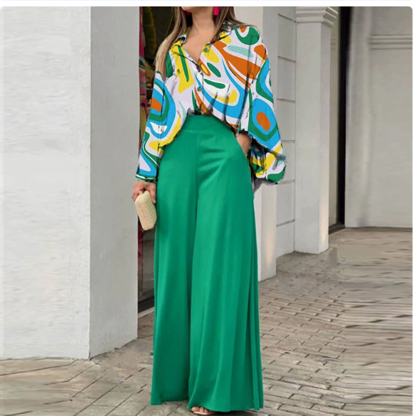 European and American Women's Clothing Spring New Style Casual Workwear Batwing Sleeve Color-Blocking Printed Pants Set