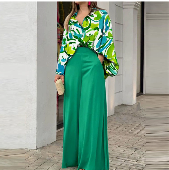 European and American Women's Clothing Spring New Style Casual Workwear Batwing Sleeve Color-Blocking Printed Pants Set