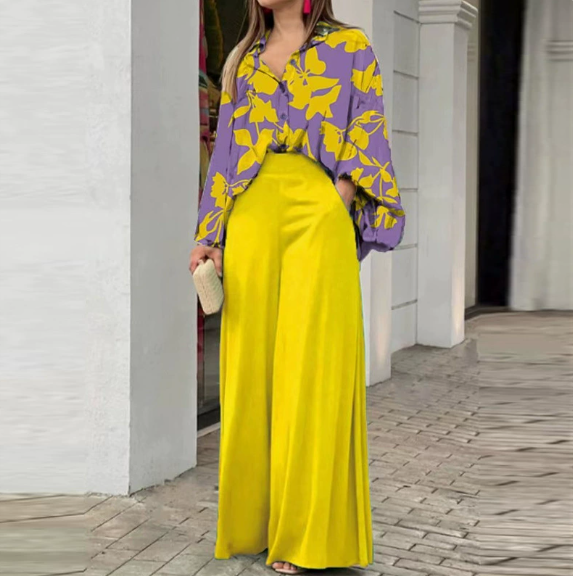 European and American Women's Clothing Spring New Style Casual Workwear Batwing Sleeve Color-Blocking Printed Pants Set