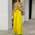 European and American Women's Clothing Spring New Style Casual Workwear Batwing Sleeve Color-Blocking Printed Pants Set