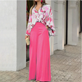 European and American Women's Clothing Spring New Style Casual Workwear Batwing Sleeve Color-Blocking Printed Pants Set