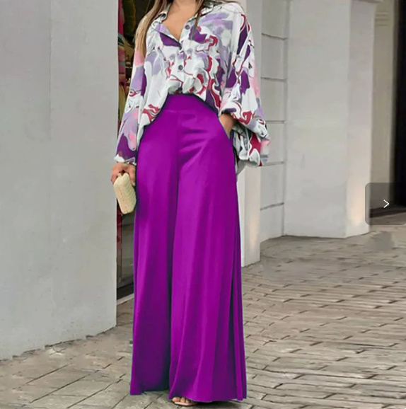European and American Women's Clothing Spring New Style Casual Workwear Batwing Sleeve Color-Blocking Printed Pants Set