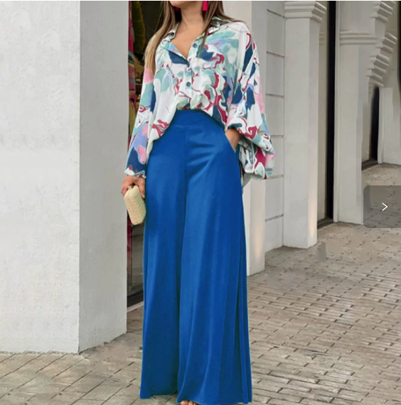 European and American Women's Clothing Spring New Style Casual Workwear Batwing Sleeve Color-Blocking Printed Pants Set