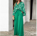 European and American Women's Clothing Spring New Style Casual Workwear Batwing Sleeve Color-Blocking Printed Pants Set