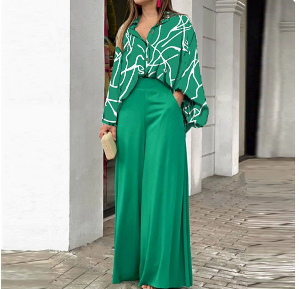 European and American Women's Clothing Spring New Style Casual Workwear Batwing Sleeve Color-Blocking Printed Pants Set