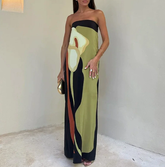 European and American Women's Clothing Spring New Fashion Sleeveless Sexy Tube Top Printed Long Dress