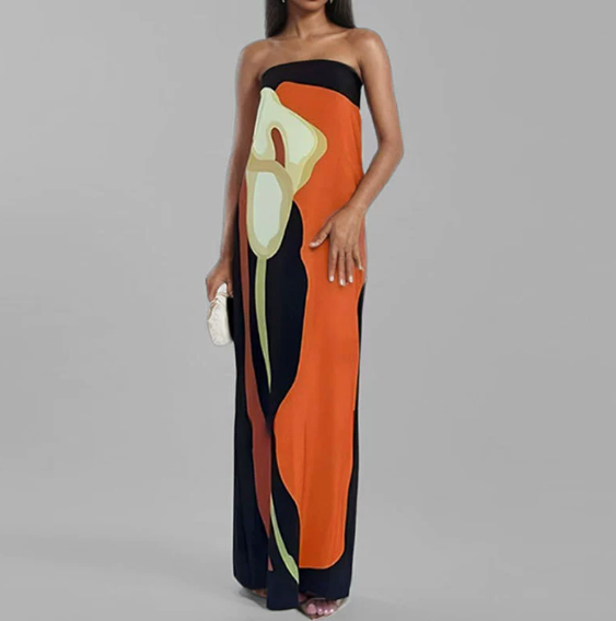 European and American Women's Clothing Spring New Fashion Sleeveless Sexy Tube Top Printed Long Dress