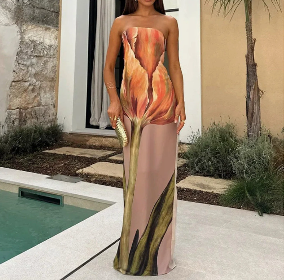 European and American Women's Clothing Spring New Fashion Sleeveless Sexy Tube Top Printed Long Dress