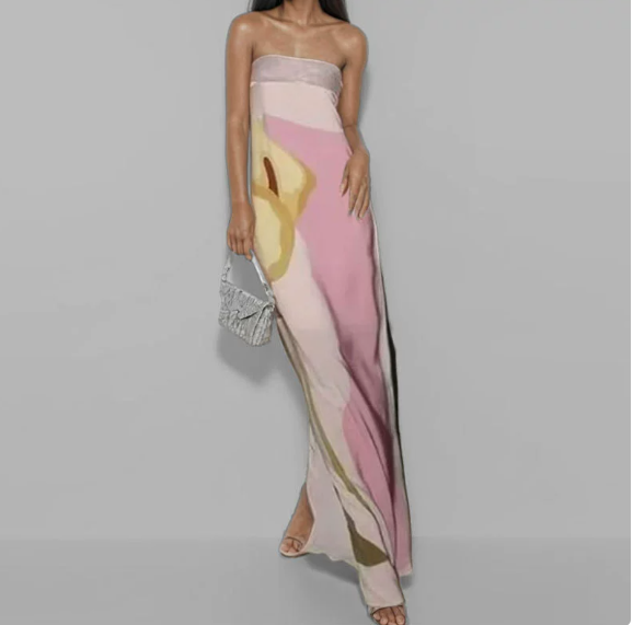 European and American Women's Clothing Spring New Fashion Sleeveless Sexy Tube Top Printed Long Dress