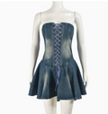 European and American Dress Women's Explosion Zipper Lace-up Wrap Chest Sexy Spice Girl Denim Short Lotus Leaf Dress