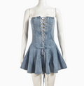 European and American Dress Women's Explosion Zipper Lace-up Wrap Chest Sexy Spice Girl Denim Short Lotus Leaf Dress