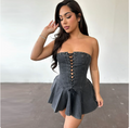 European and American Dress Women's Explosion Zipper Lace-up Wrap Chest Sexy Spice Girl Denim Short Lotus Leaf Dress