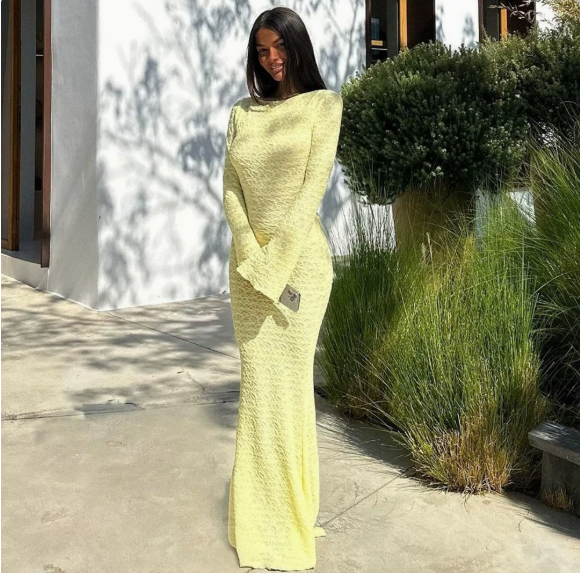 European and American foreign trade new tall slim sexy backless solid color horn long sleeve round neck long dress