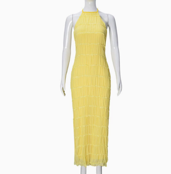 European and American Foreign Trade Women's Backless Pleated Fabric Personalized dress New Breathable Lace-up Lotus Leaf Dress