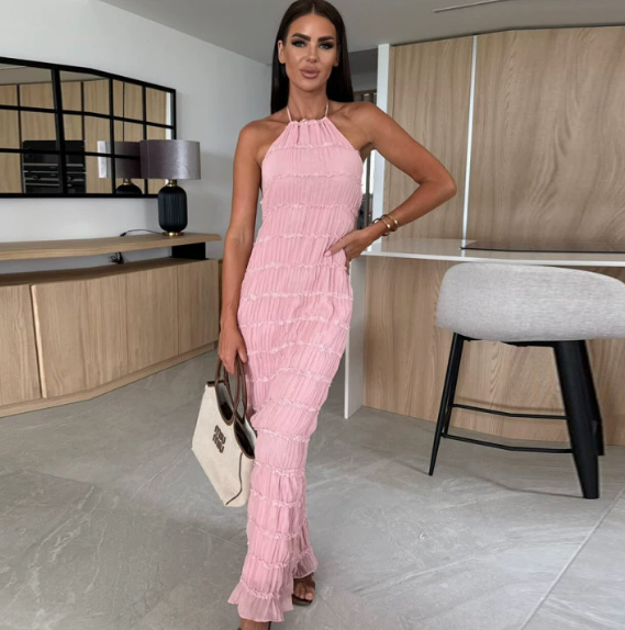 European and American Foreign Trade Women's Backless Pleated Fabric Personalized dress New Breathable Lace-up Lotus Leaf Dress