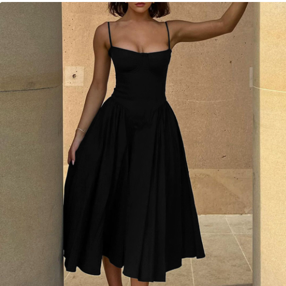 Trade sexy dress Spice Girls Women's sexy V-neck Strap Mid-length dress Waistline Slimming Backless dress Women