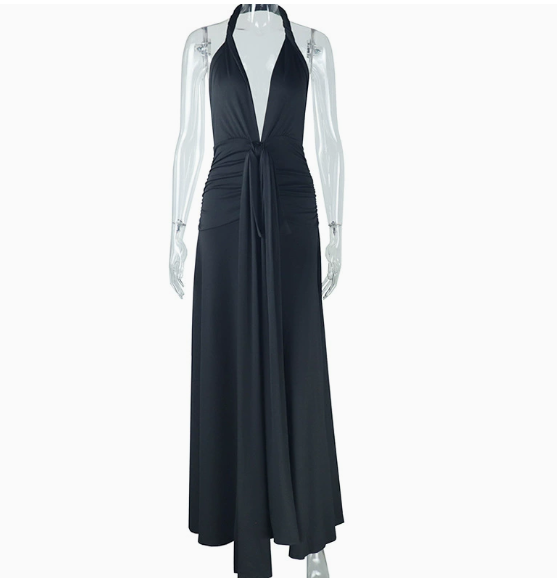Women's Solid Color Sexy Sleeveless Neck Lace-up Backless Split Elegant Long Dress