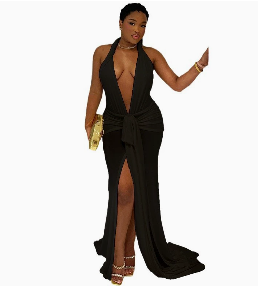 Women's Solid Color Sexy Sleeveless Neck Lace-up Backless Split Elegant Long Dress
