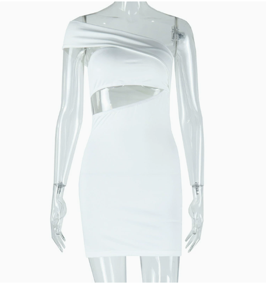 Women's Clothing Fashion Solid Color dress Sexy Slant Collar Shoulder Sleeveless Skirt Dress