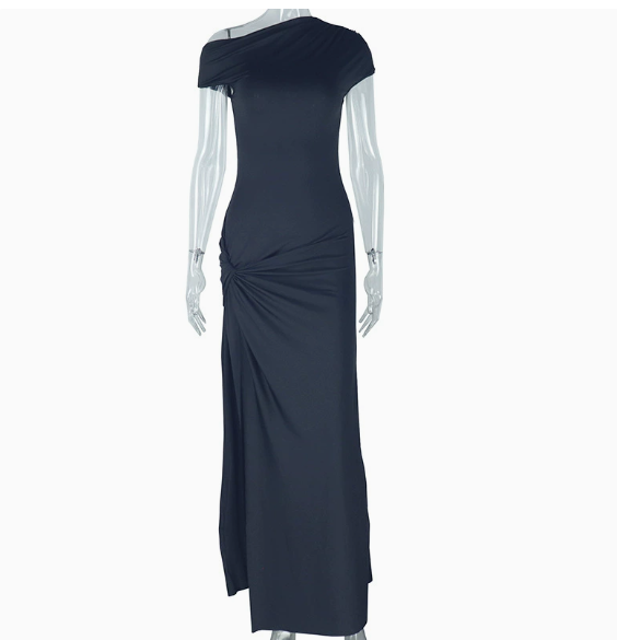 Women's Clothing Solid Color dress Oblique Collar Short Sleeve Sexy Irregular Split Elegant Dress