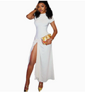 Women's Clothing Solid Color dress Oblique Collar Short Sleeve Sexy Irregular Split Elegant Dress