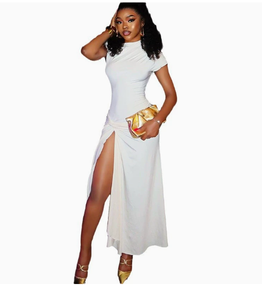 Women's Clothing Solid Color dress Oblique Collar Short Sleeve Sexy Irregular Split Elegant Dress