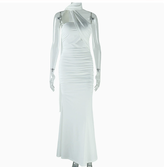 women's solid color neck dress sexy backless ribbon split temperament dress
