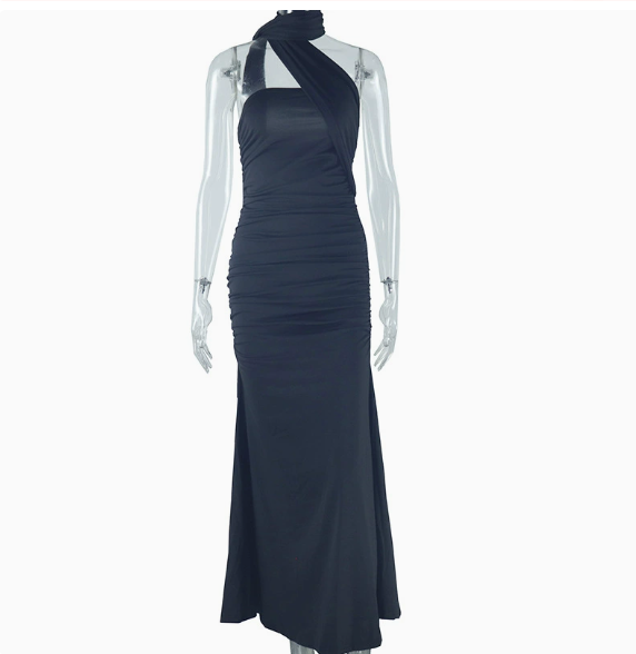 women's solid color neck dress sexy backless ribbon split temperament dress