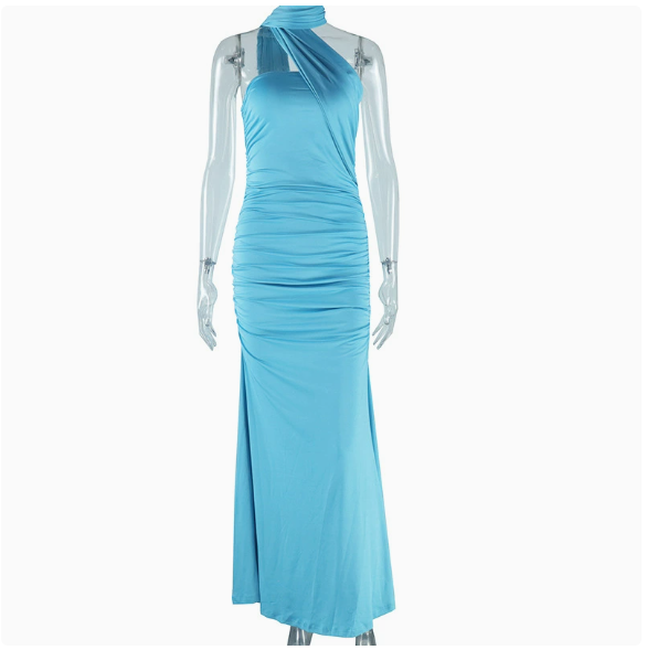 women's solid color neck dress sexy backless ribbon split temperament dress