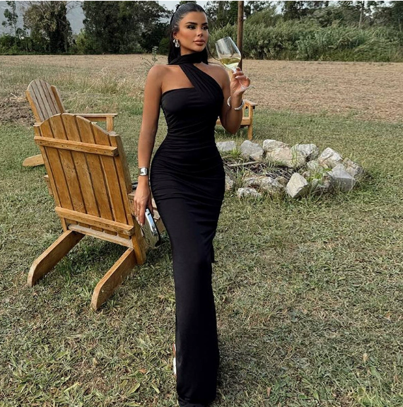 women's solid color neck dress sexy backless ribbon split temperament dress