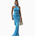 women's solid color neck dress sexy backless ribbon split temperament dress
