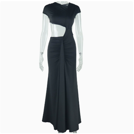 European and American style ins foreign trade women's fashion solid color dress oblique collar sleeveless ribbon fishtail temperament dress