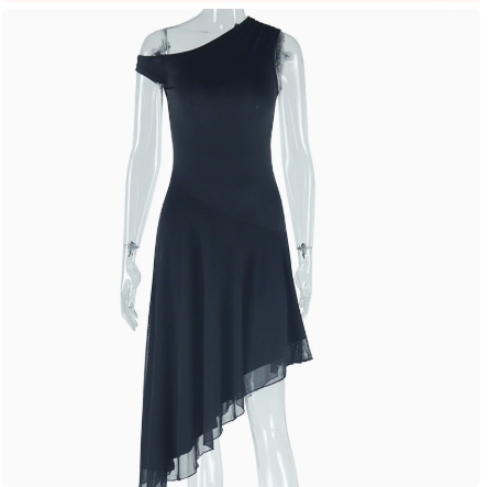 Ins Women's Clothing Fashion Solid Color dress Oblique Neck Shoulder Sleeveless Irregular Dress