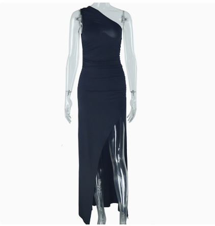 European and American Style Ins Foreign Trade Women's Fashion Solid Color dress Oblique Collar Shoulder Sleeveless Split Long Dress Dress