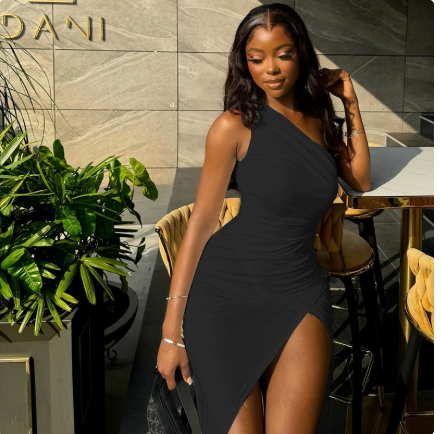 European and American Style Ins Foreign Trade Women's Fashion Solid Color dress Oblique Collar Shoulder Sleeveless Split Long Dress Dress